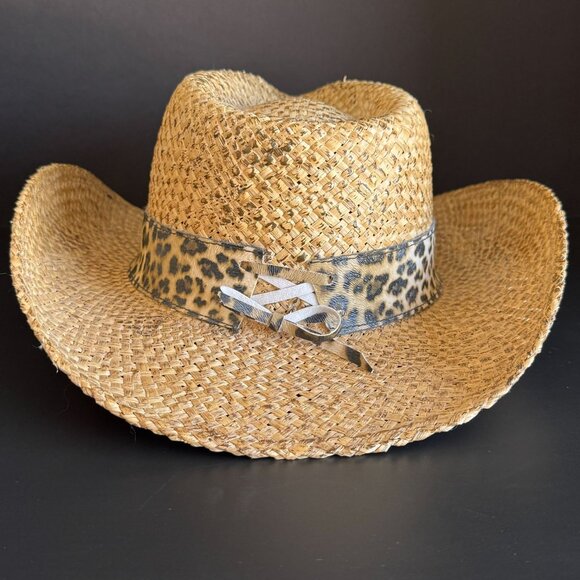 Leopard Print Straw Cowboy Hat With Rhinestone Embellishment & Adjustable Bow De - Picture 5 of 13